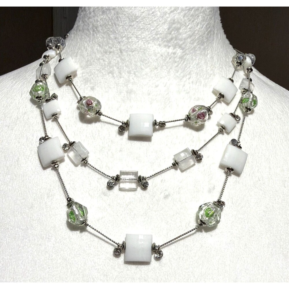 Vintage White & Green Glass Beaded Multi-Strand Layered Statement Necklace